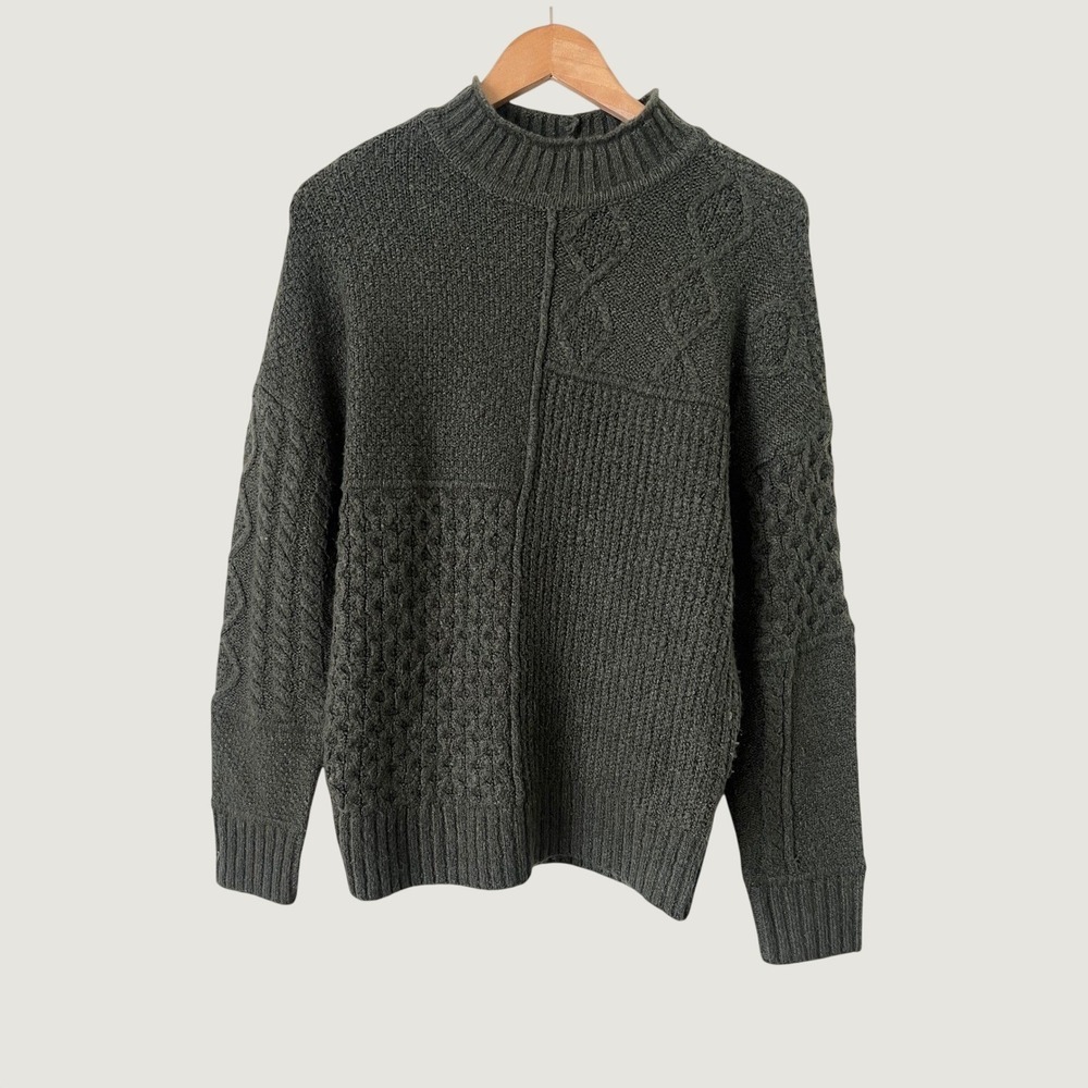 American Eagle Olive Green Patchwork Cable Knit Mock Neck Sweater Mens Small